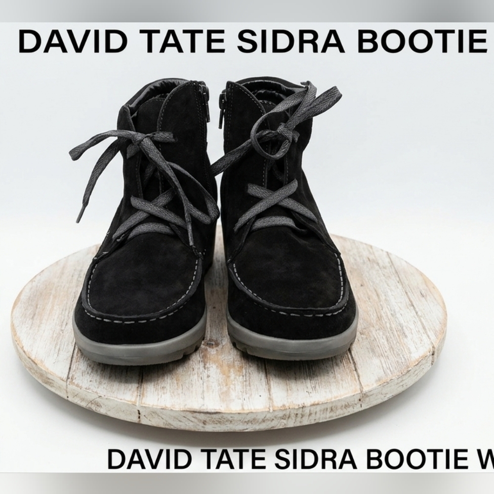 David Tate Black Suede Lace-Up Ankle Booties with Side Zip